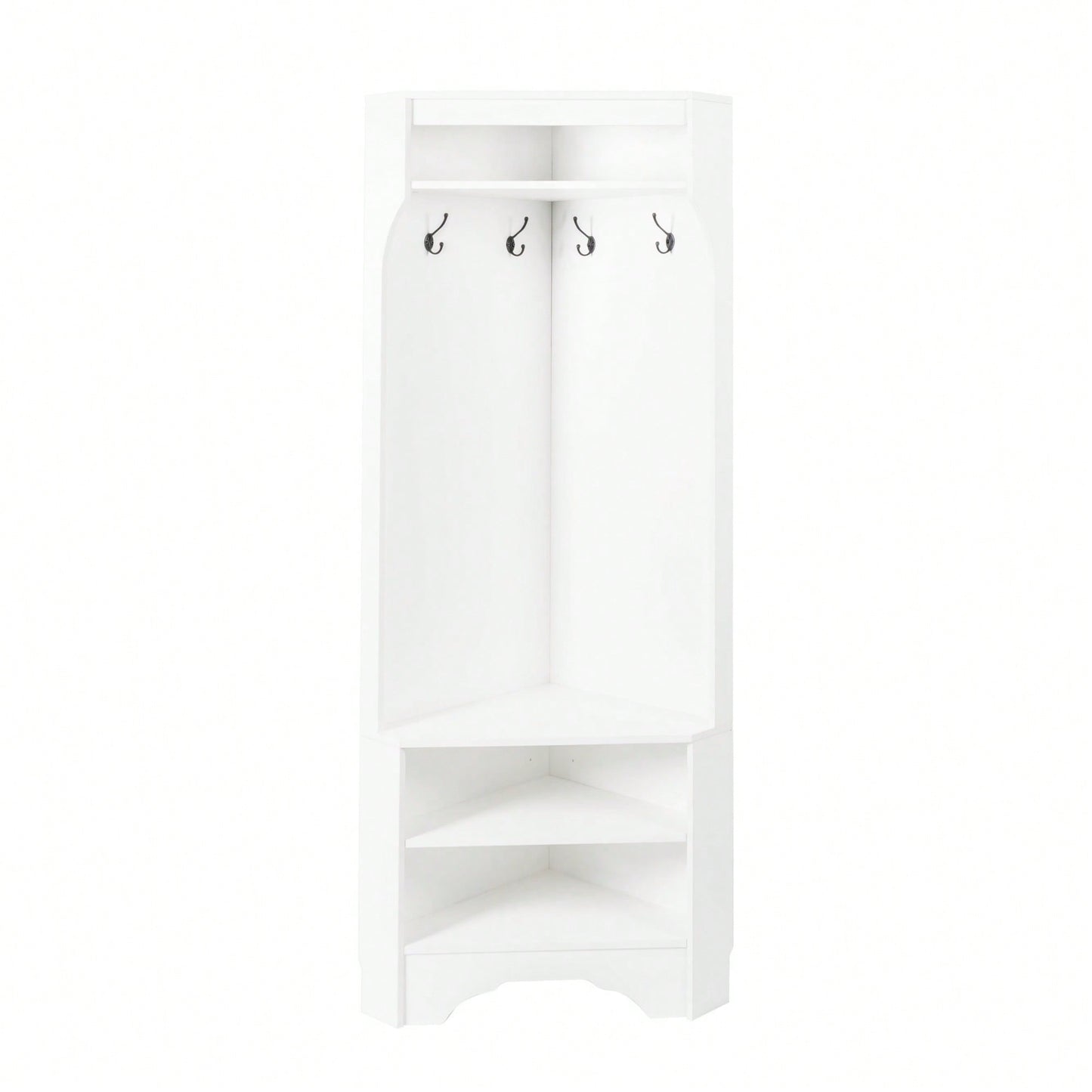 Minimalist Corner Hall Tree with Shoe Bench and Coat Rack, Stylish Entryway Organizer with 4 Hooks and Adjustable Shelf, White Finish
