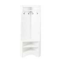 Minimalist Corner Hall Tree with Shoe Bench and Coat Rack, Stylish Entryway Organizer with 4 Hooks and Adjustable Shelf, White Finish