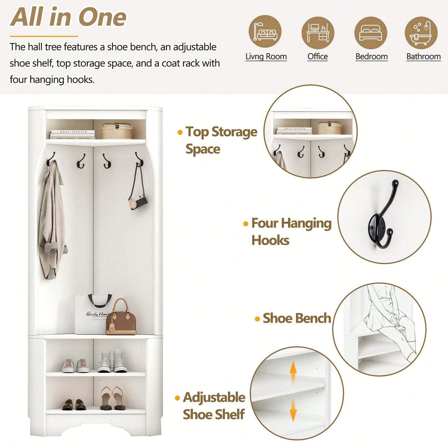 Minimalist Corner Hall Tree with Shoe Bench and Coat Rack, Stylish Entryway Organizer with 4 Hooks and Adjustable Shelf, White Finish