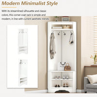 Minimalist Corner Hall Tree with Shoe Bench and Coat Rack, Stylish Entryway Organizer with 4 Hooks and Adjustable Shelf, White Finish