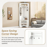 Minimalist Corner Hall Tree with Shoe Bench and Coat Rack, Stylish Entryway Organizer with 4 Hooks and Adjustable Shelf, White Finish