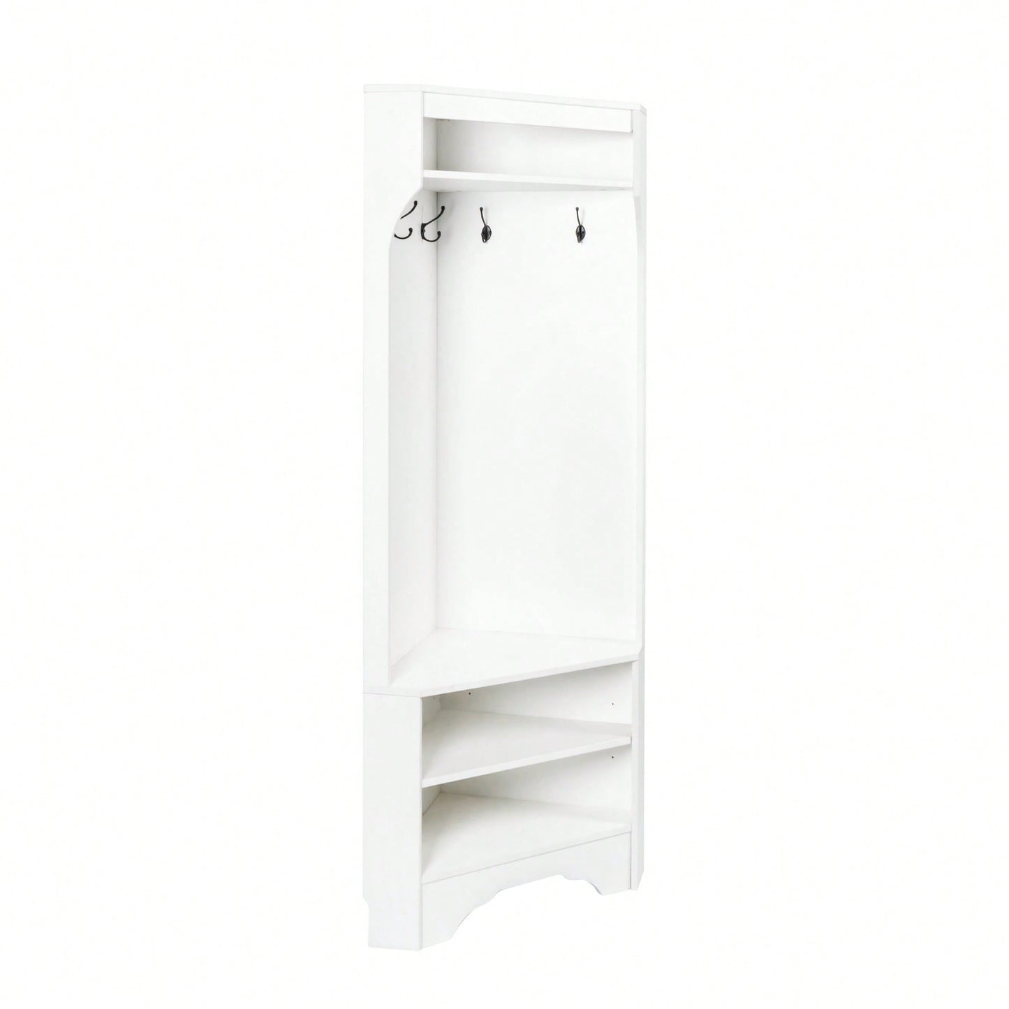 Minimalist Corner Hall Tree with Shoe Bench and Coat Rack, Stylish Entryway Organizer with 4 Hooks and Adjustable Shelf, White Finish