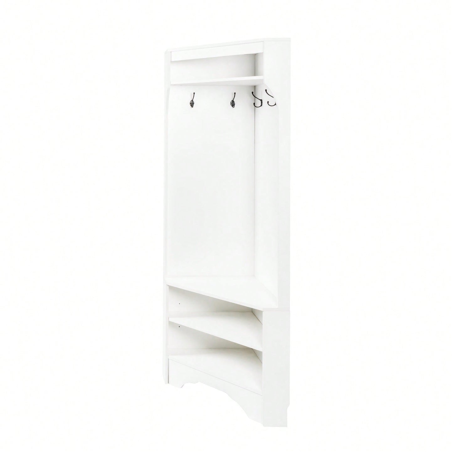 Minimalist Corner Hall Tree with Shoe Bench and Coat Rack, Stylish Entryway Organizer with 4 Hooks and Adjustable Shelf, White Finish
