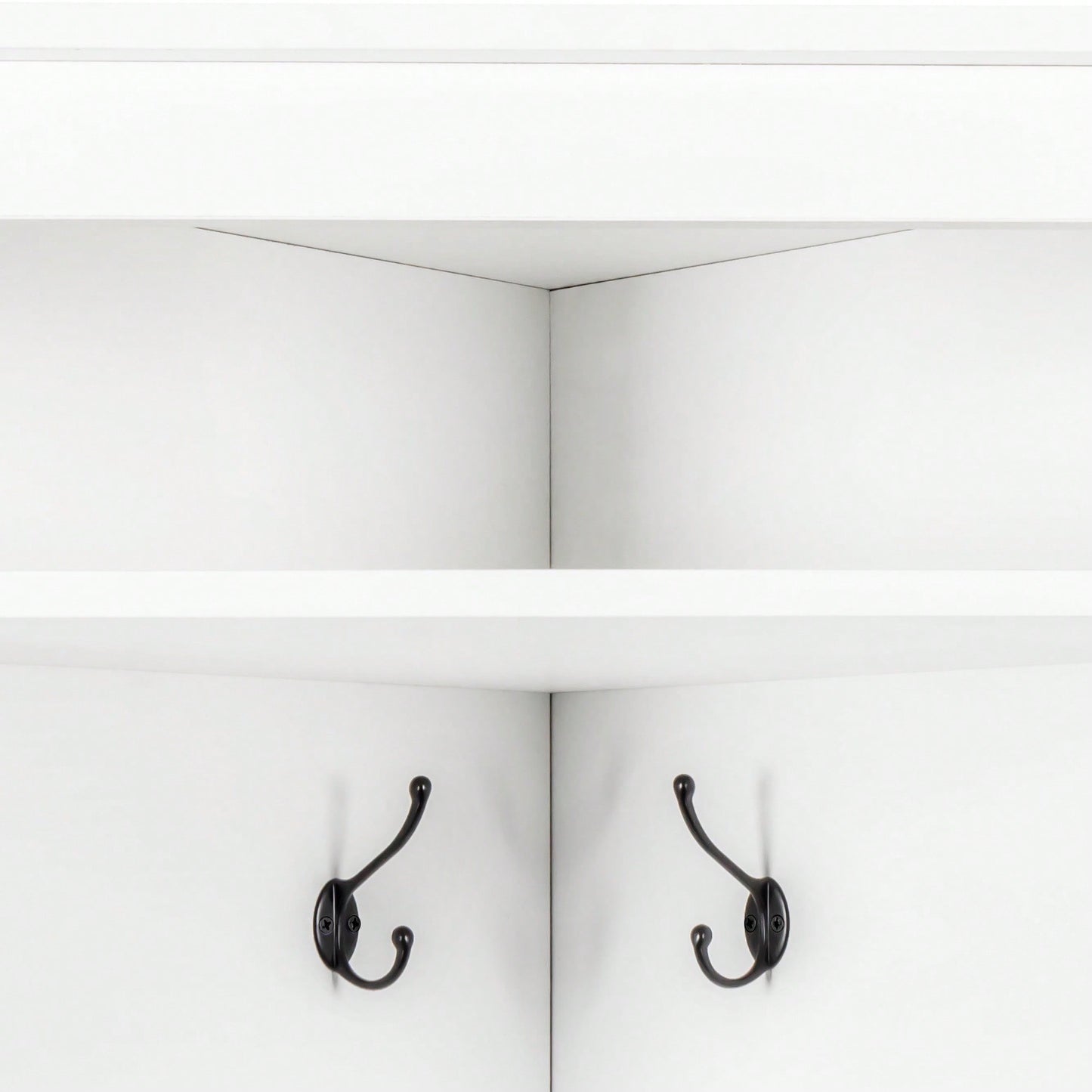 Minimalist Corner Hall Tree with Shoe Bench and Coat Rack, Stylish Entryway Organizer with 4 Hooks and Adjustable Shelf, White Finish