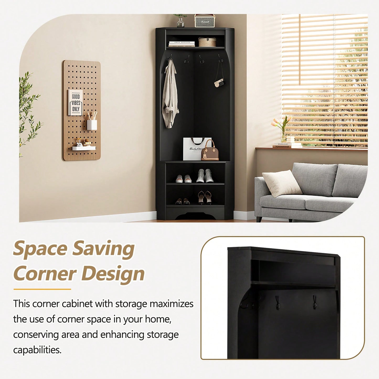 Minimalist Corner Hall Tree with Shoe Bench and Coat Rack, Stylish Entryway Organizer with 4 Hooks and Adjustable Shelf, White Finish