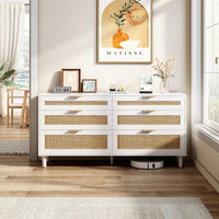 Natural 59 Inch Rattan Dresser with 6 Drawers Stylish Storage Cabinet with Metal Handles and Wood Legs for Bedroom Hallway or Living Room