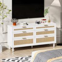 Natural 59 Inch Rattan Dresser with 6 Drawers Stylish Storage Cabinet with Metal Handles and Wood Legs for Bedroom Hallway or Living Room