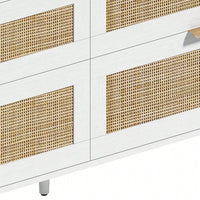 Natural 59 Inch Rattan Dresser with 6 Drawers Stylish Storage Cabinet with Metal Handles and Wood Legs for Bedroom Hallway or Living Room