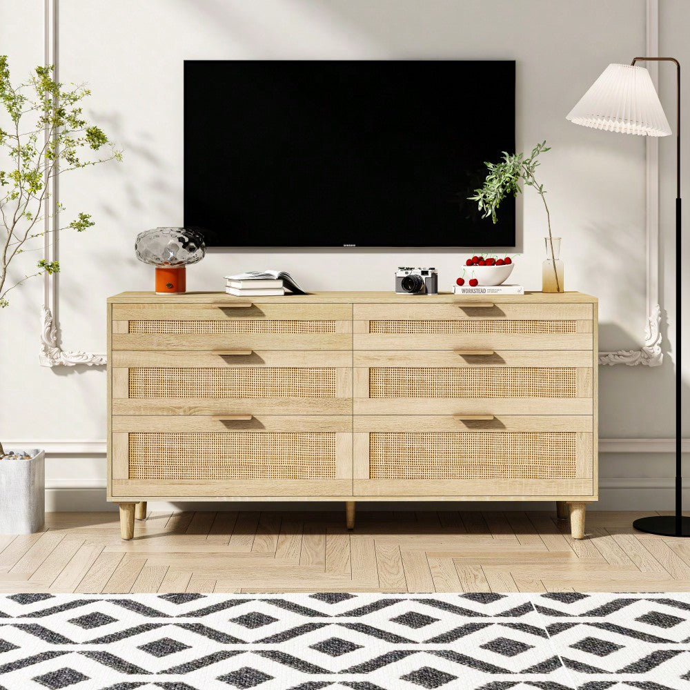 Natural 59 Inch Rattan Dresser with 6 Drawers Stylish Storage Cabinet with Metal Handles and Wood Legs for Bedroom Hallway or Living Room