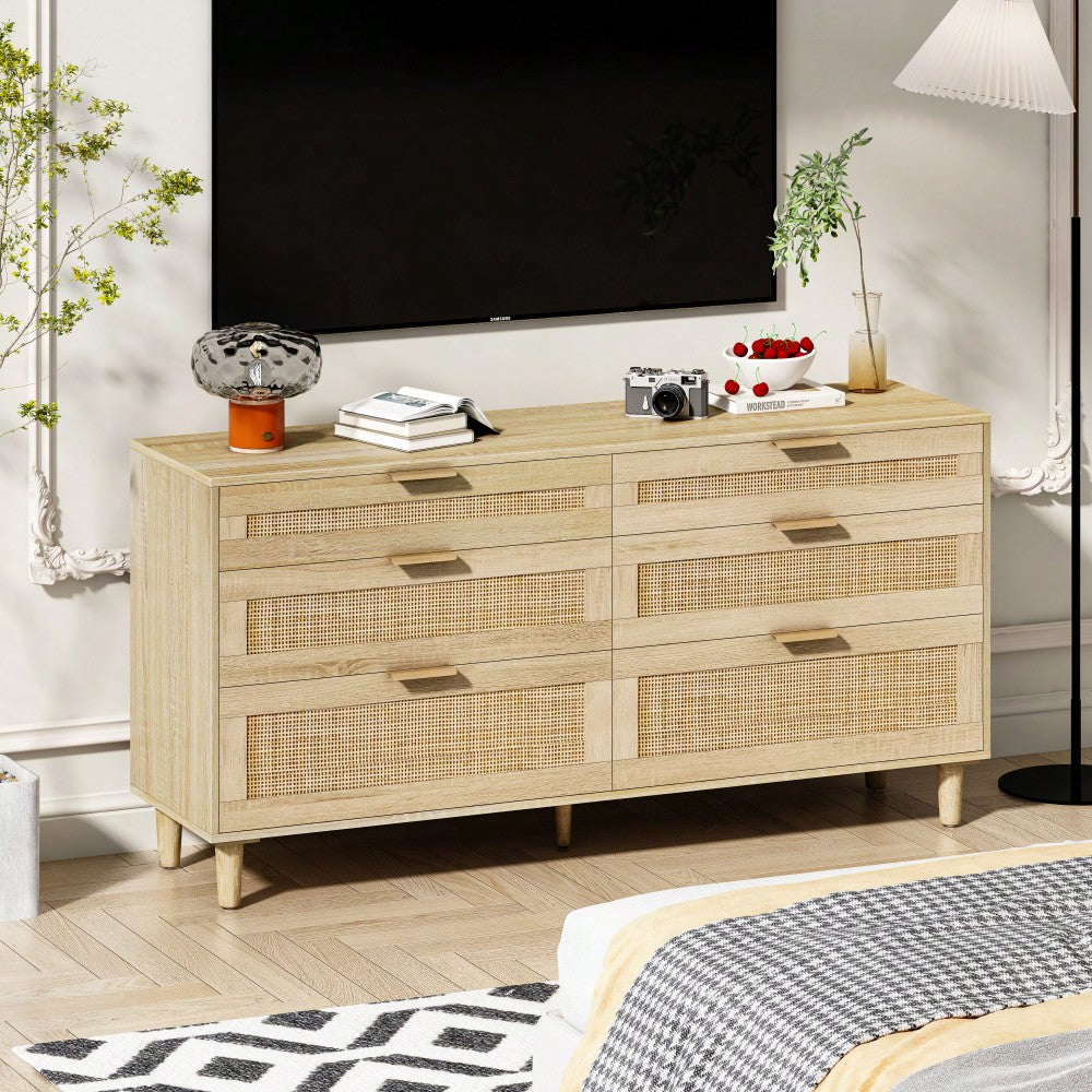 Natural 59 Inch Rattan Dresser with 6 Drawers Stylish Storage Cabinet with Metal Handles and Wood Legs for Bedroom Hallway or Living Room