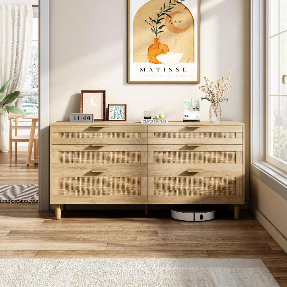 Natural 59 Inch Rattan Dresser with 6 Drawers Stylish Storage Cabinet with Metal Handles and Wood Legs for Bedroom Hallway or Living Room