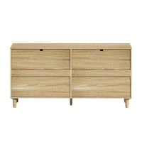 Natural 59 Inch Rattan Dresser with 6 Drawers Stylish Storage Cabinet with Metal Handles and Wood Legs for Bedroom Hallway or Living Room