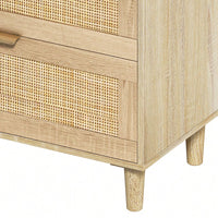 Natural 59 Inch Rattan Dresser with 6 Drawers Stylish Storage Cabinet with Metal Handles and Wood Legs for Bedroom Hallway or Living Room