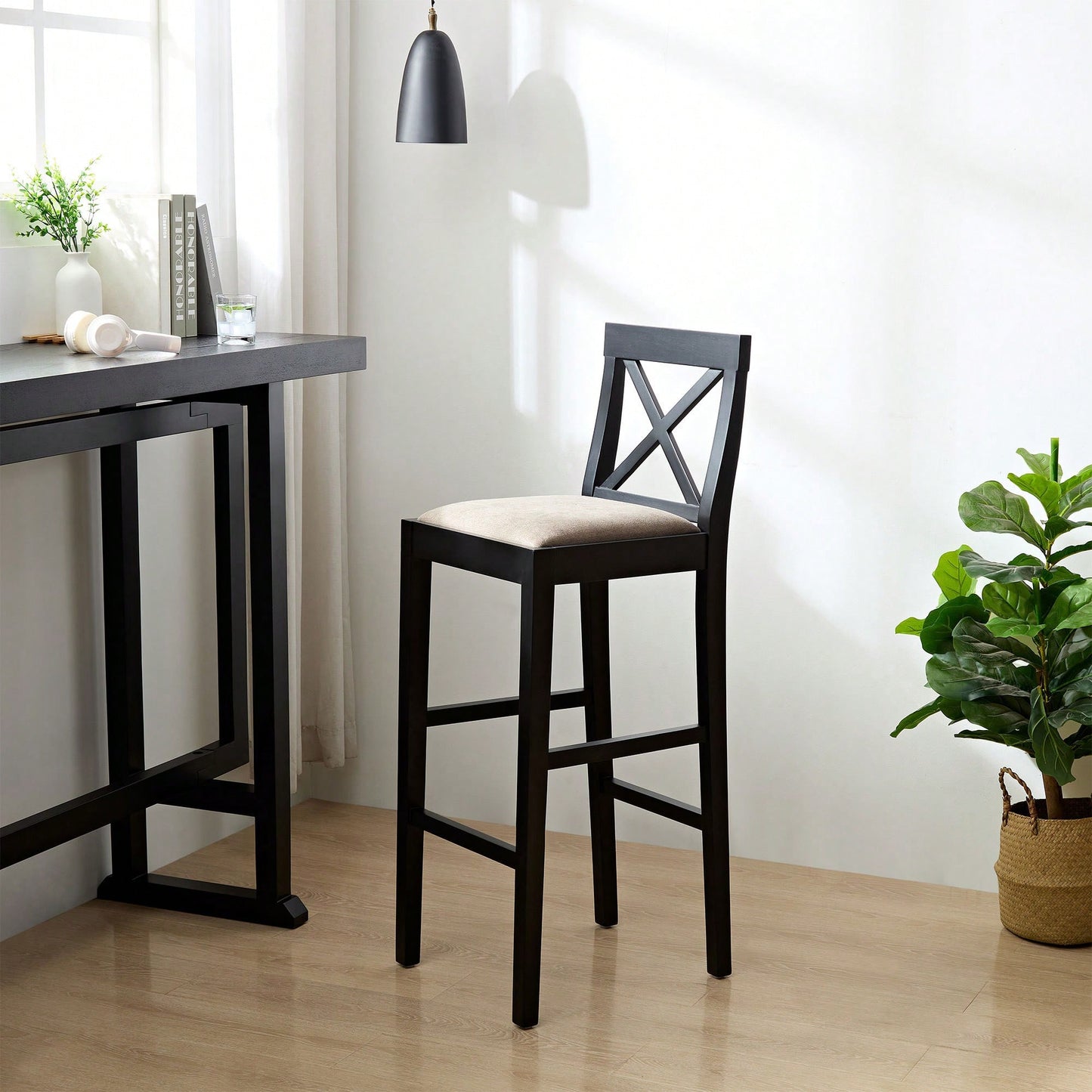 Vintage Counter Height Bar Stool With Backrest Padded Seat And Footrest For Kitchen Island And Dining Room Black