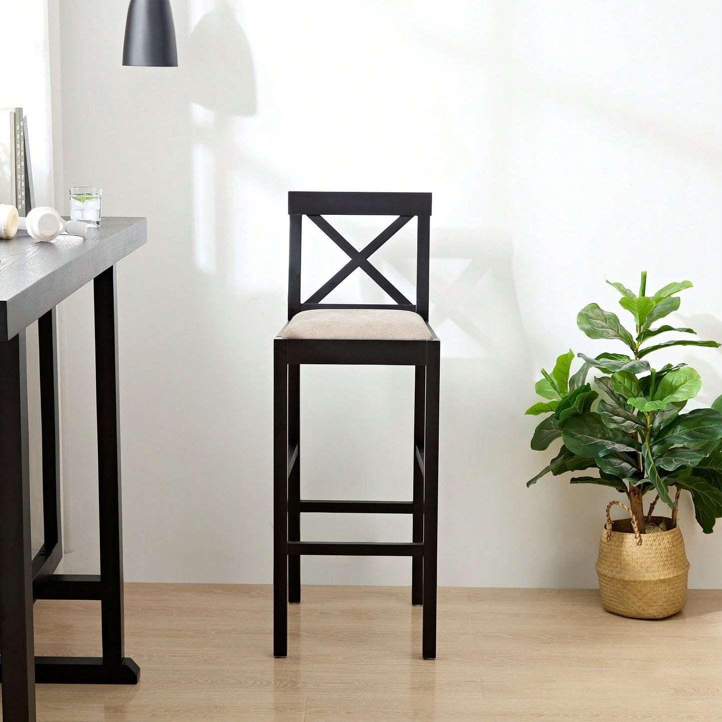 Vintage Counter Height Bar Stool With Backrest Padded Seat And Footrest For Kitchen Island And Dining Room Black