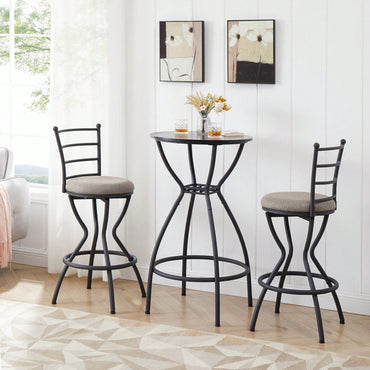 Industrial Style 3 Piece Bar Table And Chairs Set For Dining Room With Metal Back And Fabric Seat