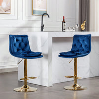 Adjustable Velvet Bar Stools With Chrome Footrest And Golden Legs - Set Of 2 Swivel Chairs In Blue