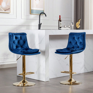 Adjustable Velvet Bar Stools With Chrome Footrest And Golden Legs - Set Of 2 Swivel Chairs In Blue