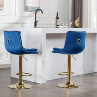Adjustable Velvet Bar Stools With Chrome Footrest And Golden Legs - Set Of 2 Swivel Chairs In Blue