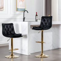 Adjustable Velvet Bar Stools With Chrome Footrest And Golden Legs - Set Of 2 Swivel Chairs In Blue