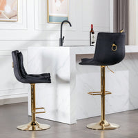 Adjustable Velvet Bar Stools With Chrome Footrest And Golden Legs - Set Of 2 Swivel Chairs In Blue