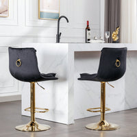 Adjustable Velvet Bar Stools With Chrome Footrest And Golden Legs - Set Of 2 Swivel Chairs In Blue
