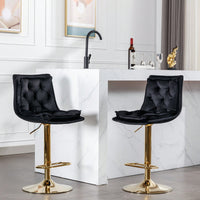 Adjustable Velvet Bar Stools With Chrome Footrest And Golden Legs - Set Of 2 Swivel Chairs In Blue