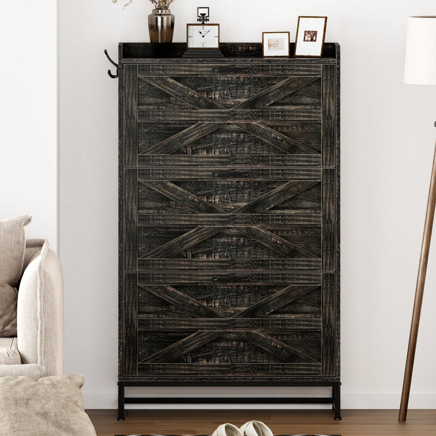 Stylish Grey Shoe Cabinet For Entryway And Balcony Storage, Large Capacity Shoe Rack For Organized Footwear