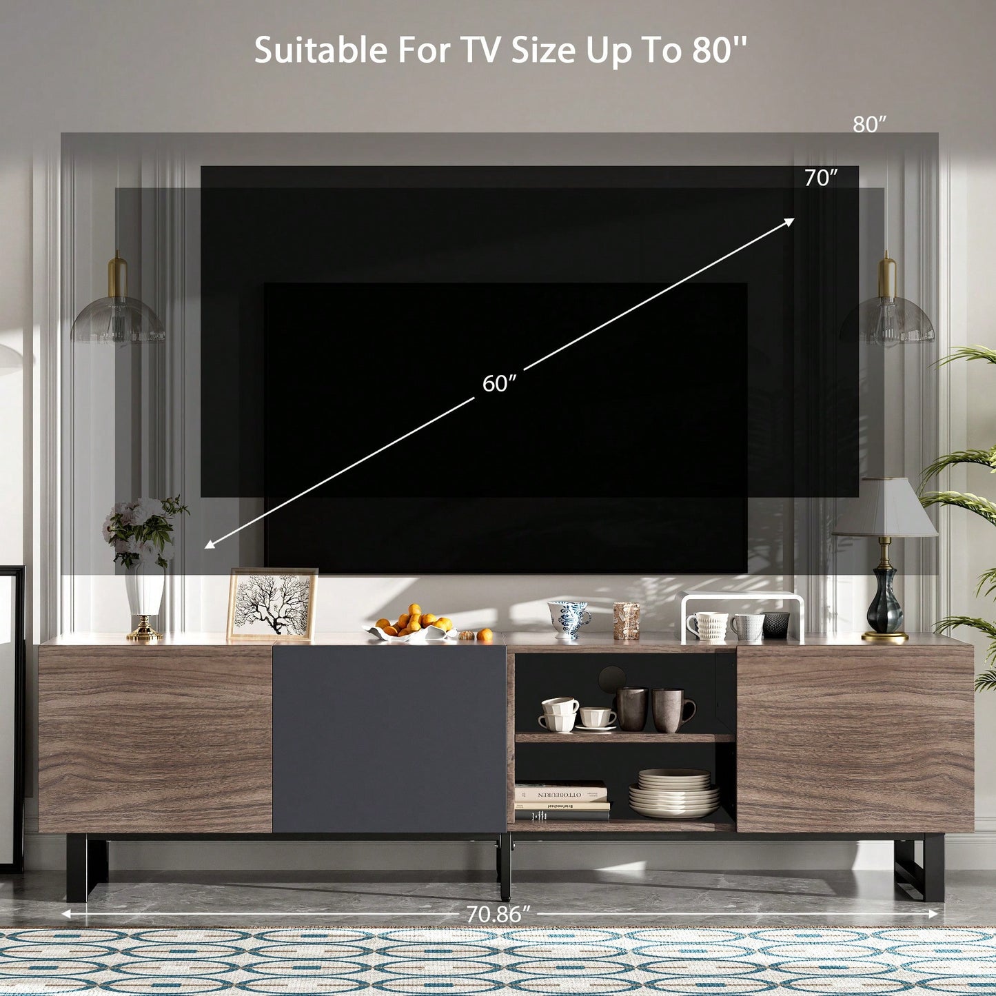 Modern Entertainment Center with 3 Cabinets and Open Shelves for TVs Up to 80 Inches Versatile Media Console with Drop Down Door