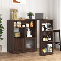 Stylish Rotating Top Bar Cabinet With Counter Height And Ribbed Glass Doors For Dining Room And Kitchen Storage In Walnut Finish