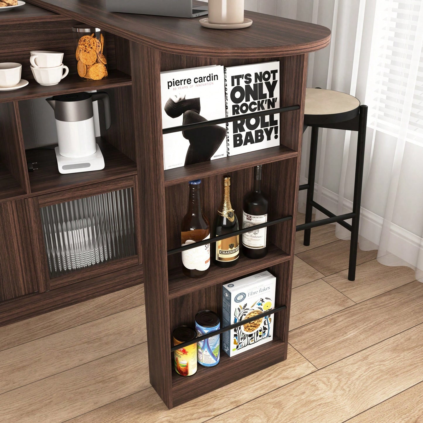 Stylish Rotating Top Bar Cabinet With Counter Height And Ribbed Glass Doors For Dining Room And Kitchen Storage In Walnut Finish