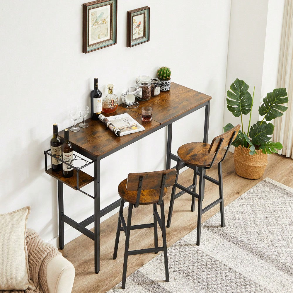 Rustic Brown Bar Table Set With Wine Bottle Storage Rack 47.24 L X 15.75 W X 35.43 H Ideal For Home Or Kitchen