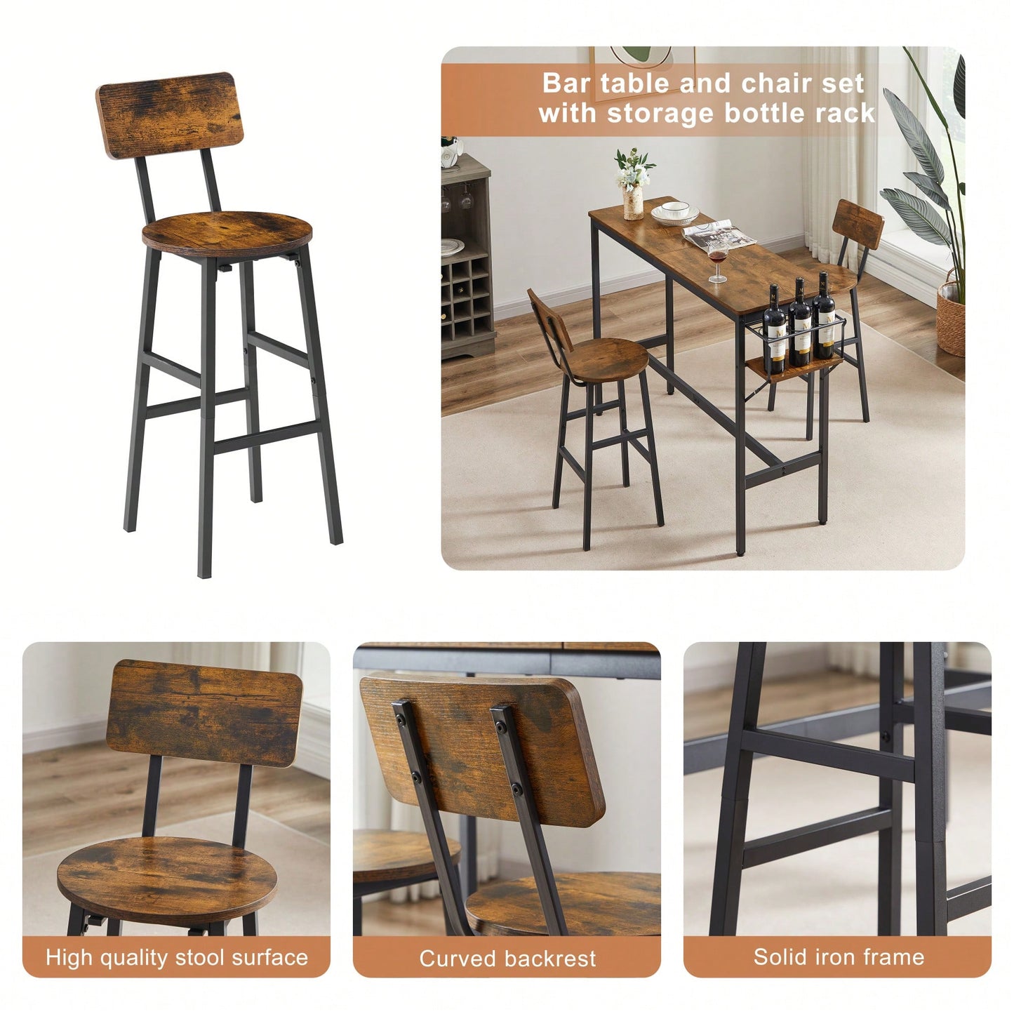 Rustic Brown Bar Table Set With Wine Bottle Storage Rack 47.24 L X 15.75 W X 35.43 H Ideal For Home Or Kitchen