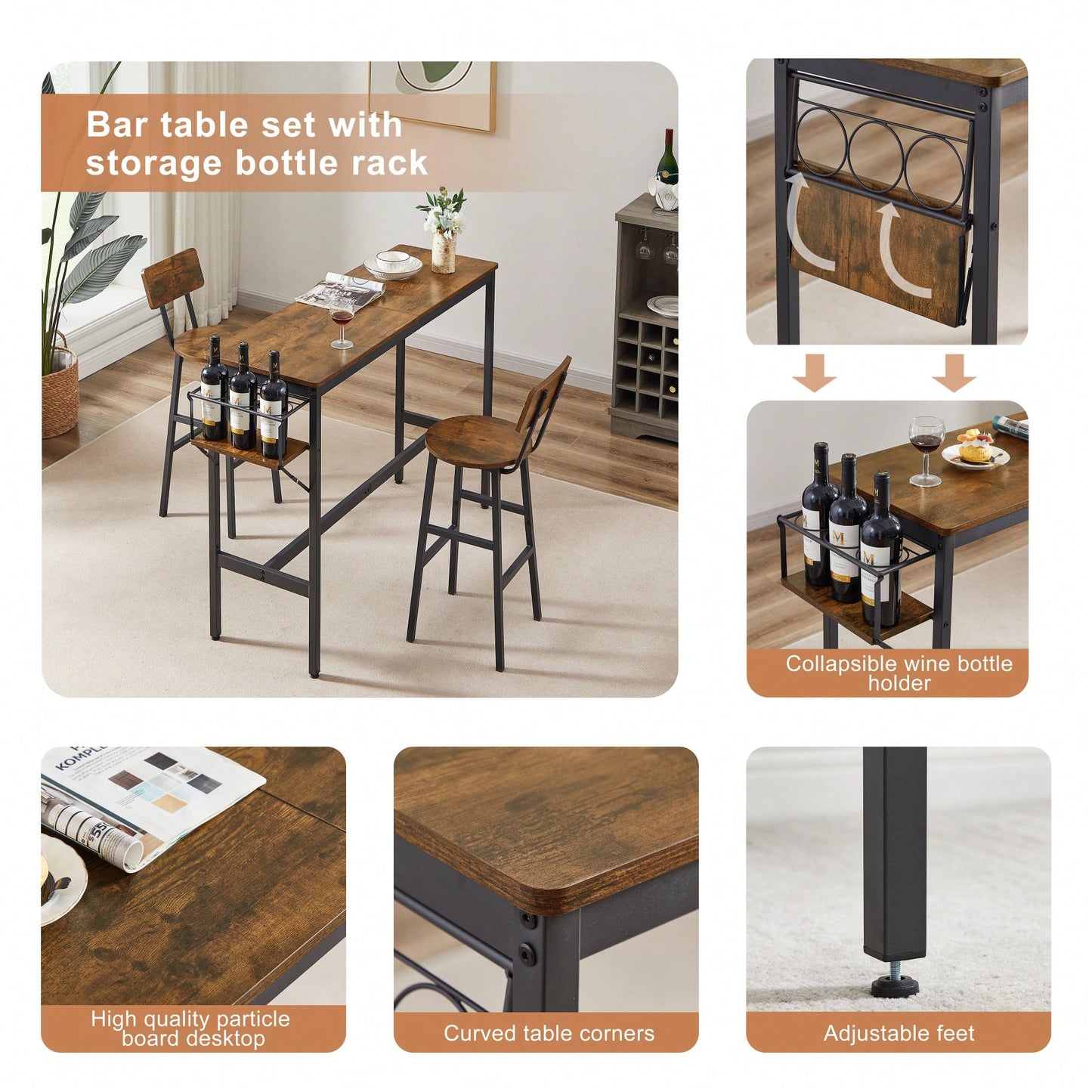 Rustic Brown Bar Table Set With Wine Bottle Storage Rack 47.24 L X 15.75 W X 35.43 H Ideal For Home Or Kitchen