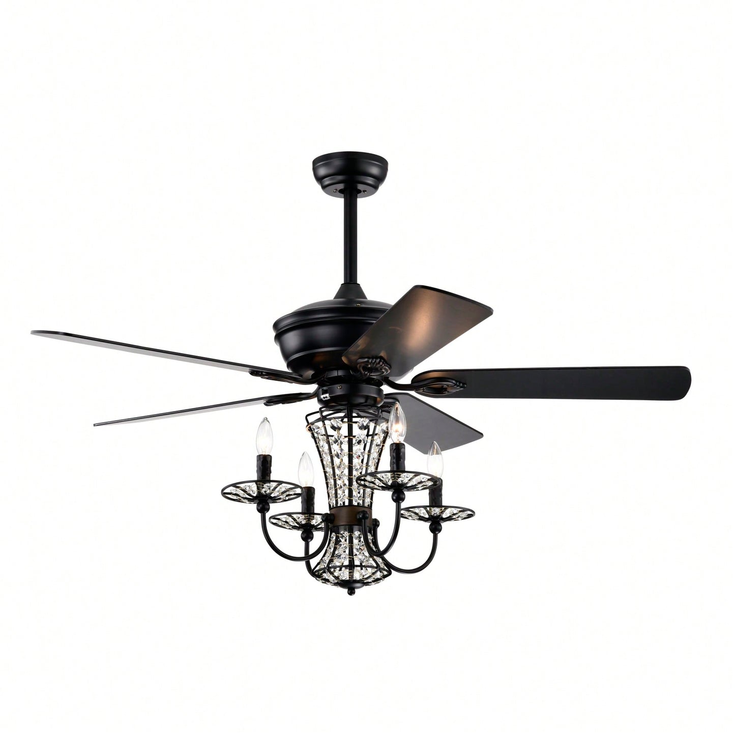 52 Inch Modern Crystal Chandelier Ceiling Fan With Remote Control And Dual Finish Reversible Blades For Living Room, Matte Black