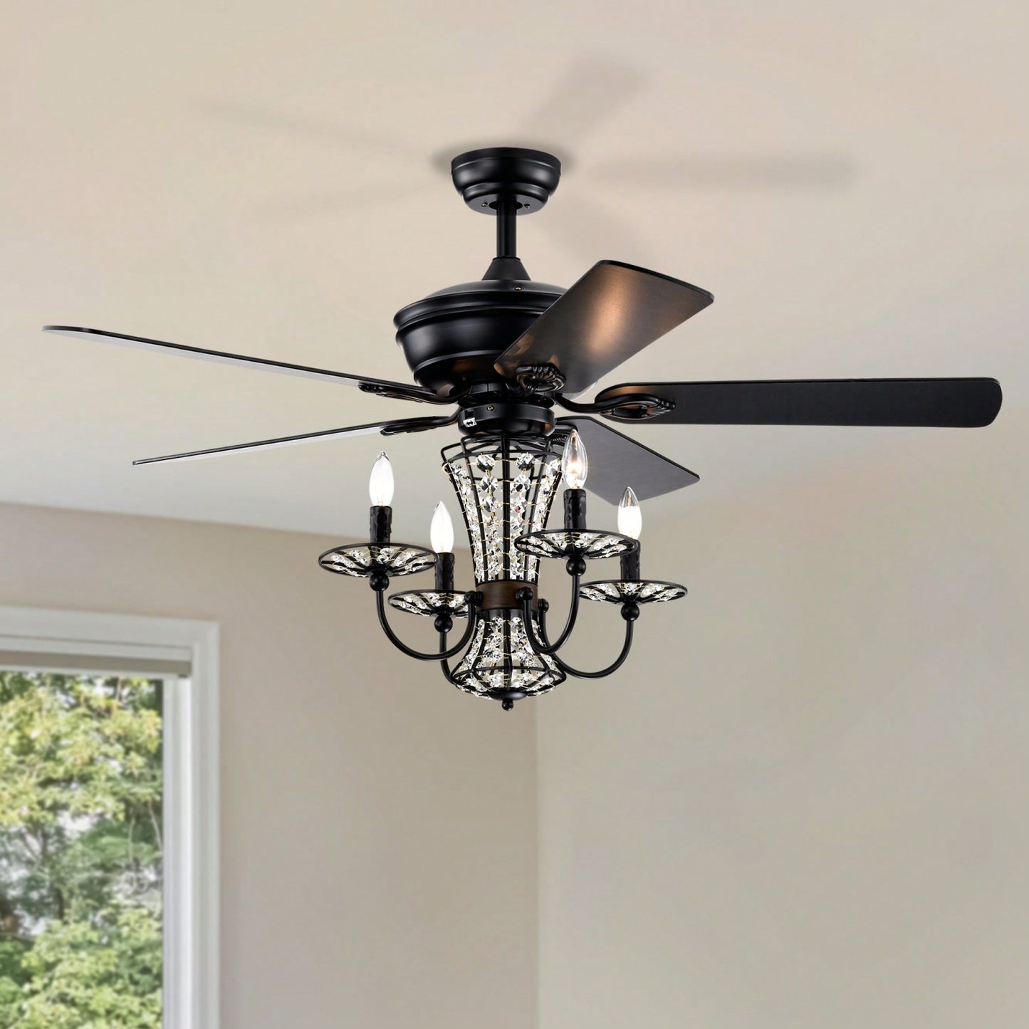 52 Inch Modern Crystal Chandelier Ceiling Fan With Remote Control And Dual Finish Reversible Blades For Living Room, Matte Black