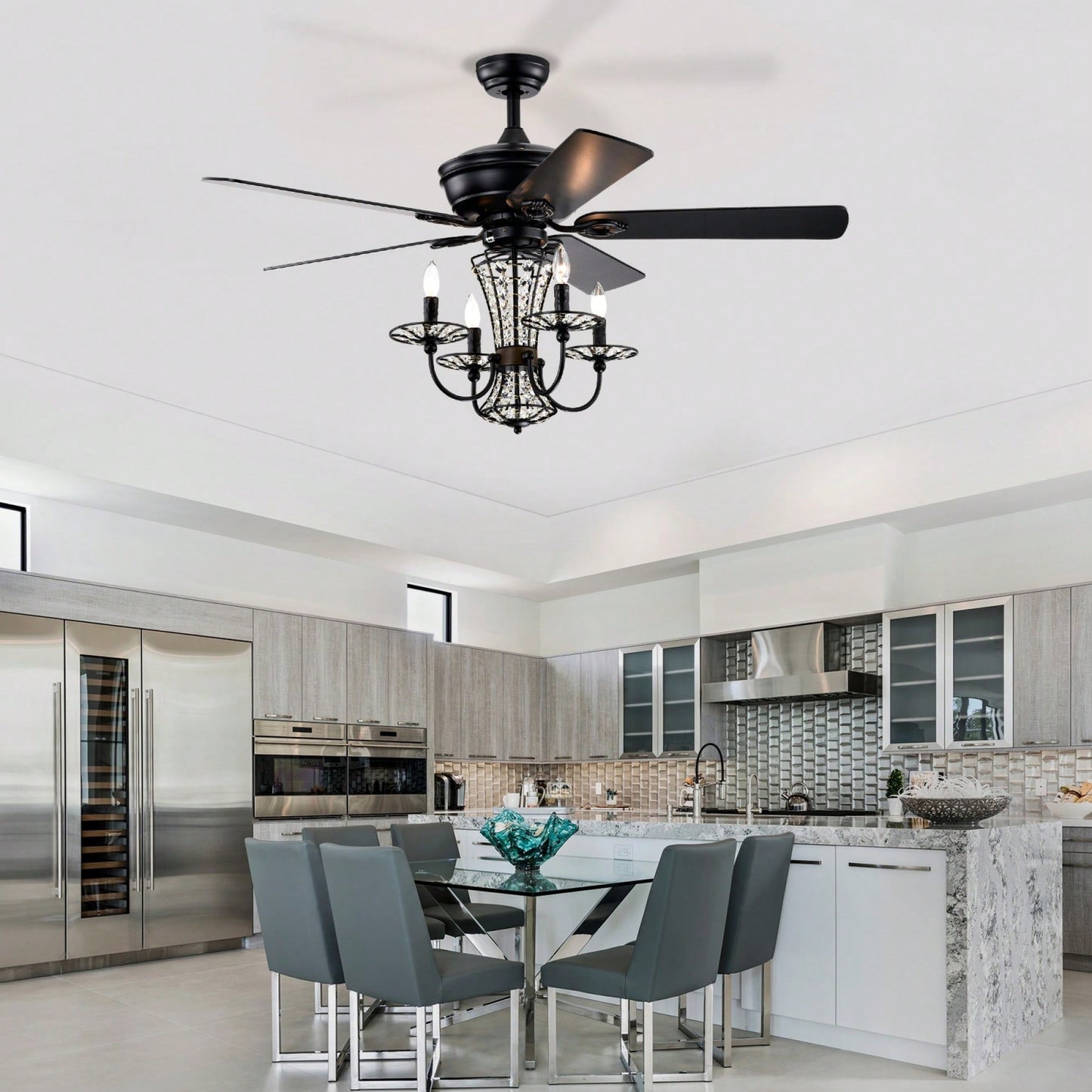 52 Inch Modern Crystal Chandelier Ceiling Fan With Remote Control And Dual Finish Reversible Blades For Living Room, Matte Black