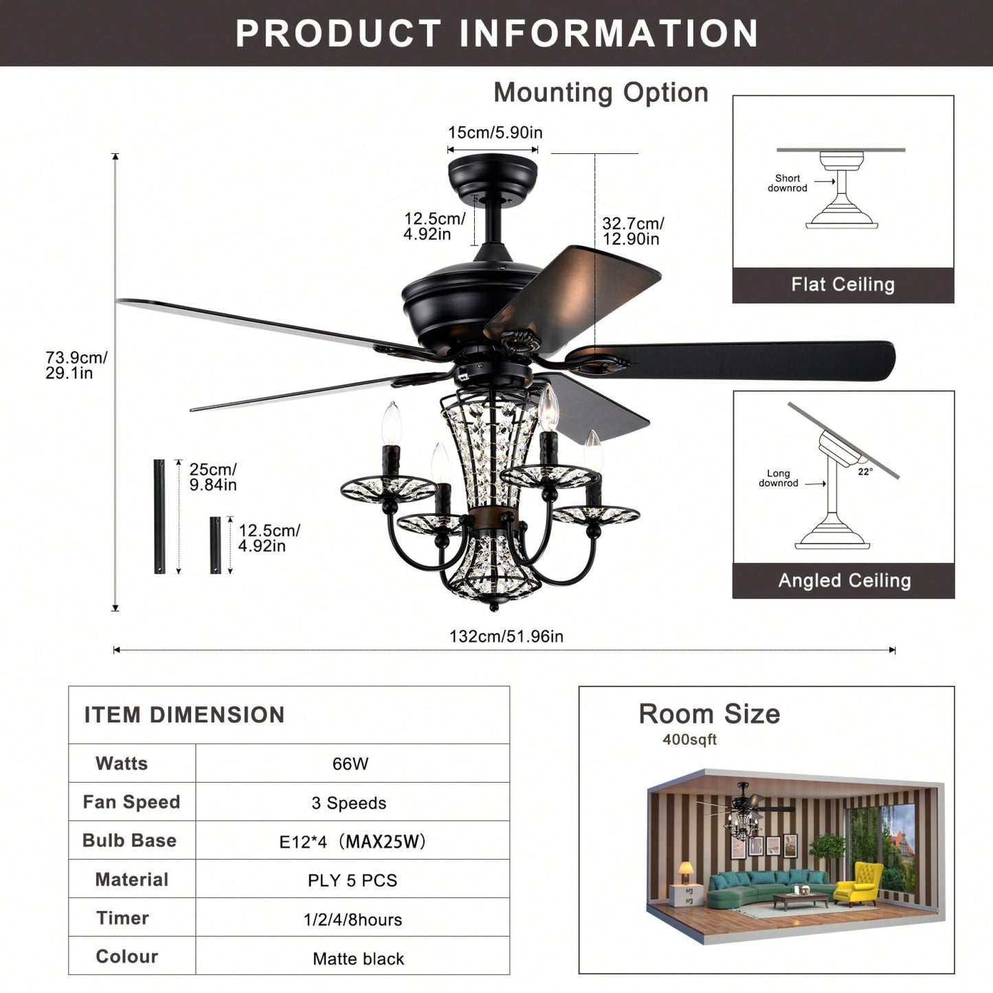 52 Inch Modern Crystal Chandelier Ceiling Fan With Remote Control And Dual Finish Reversible Blades For Living Room, Matte Black