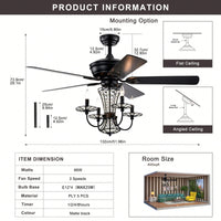 52 Inch Modern Crystal Chandelier Ceiling Fan With Remote Control And Dual Finish Reversible Blades For Living Room, Matte Black