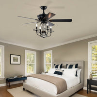 52 Inch Modern Crystal Chandelier Ceiling Fan With Remote Control And Dual Finish Reversible Blades For Living Room, Matte Black
