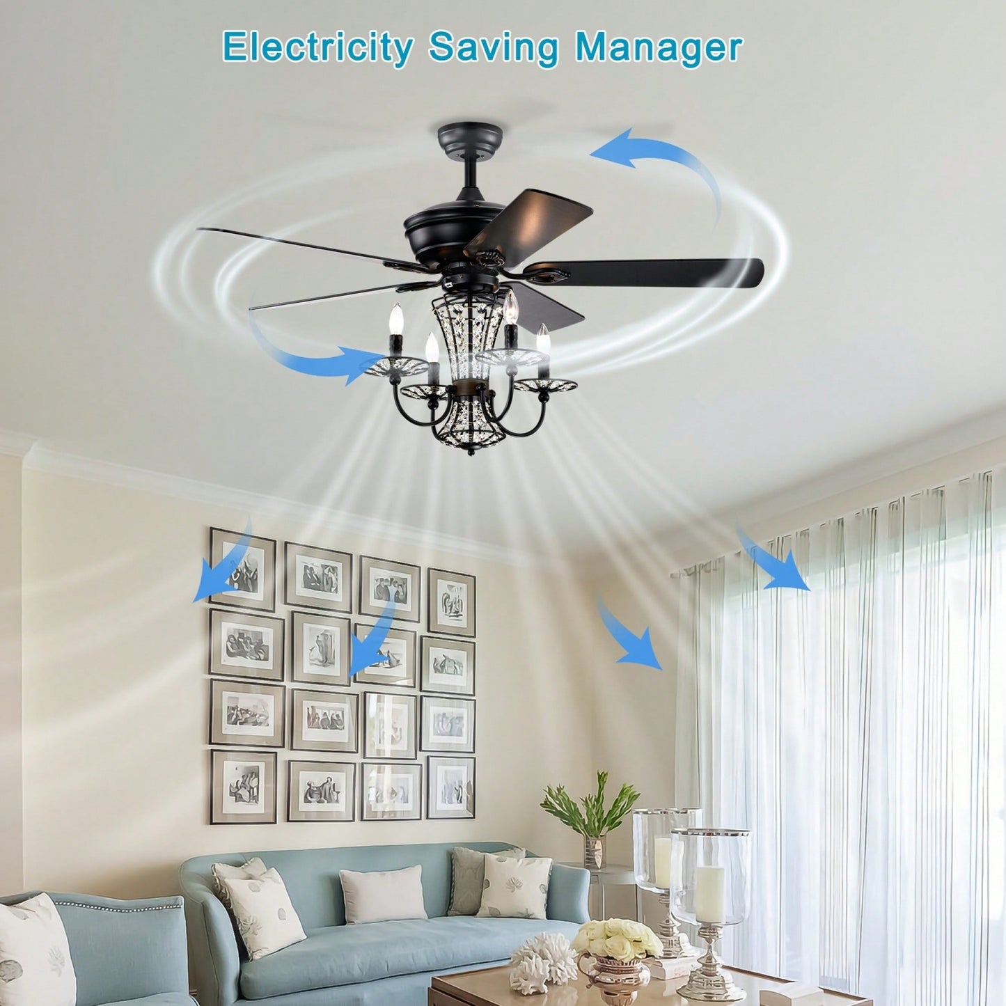 52 Inch Modern Crystal Chandelier Ceiling Fan With Remote Control And Dual Finish Reversible Blades For Living Room, Matte Black