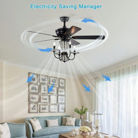 52 Inch Modern Crystal Chandelier Ceiling Fan With Remote Control And Dual Finish Reversible Blades For Living Room, Matte Black