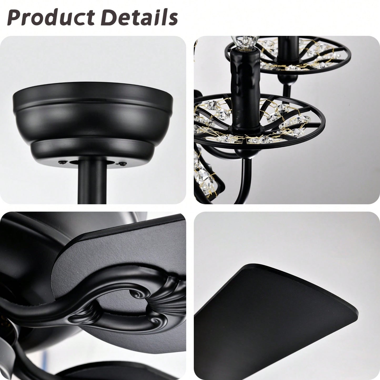 52 Inch Modern Crystal Chandelier Ceiling Fan With Remote Control And Dual Finish Reversible Blades For Living Room, Matte Black