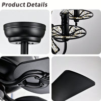 52 Inch Modern Crystal Chandelier Ceiling Fan With Remote Control And Dual Finish Reversible Blades For Living Room, Matte Black