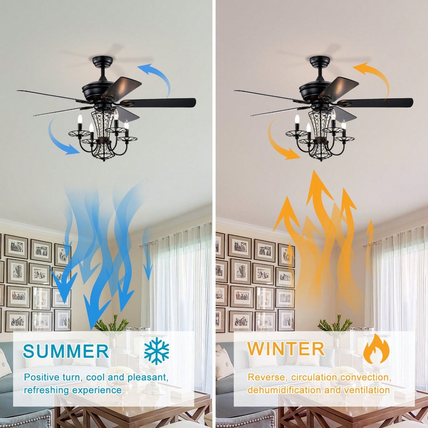 52 Inch Modern Crystal Chandelier Ceiling Fan With Remote Control And Dual Finish Reversible Blades For Living Room, Matte Black