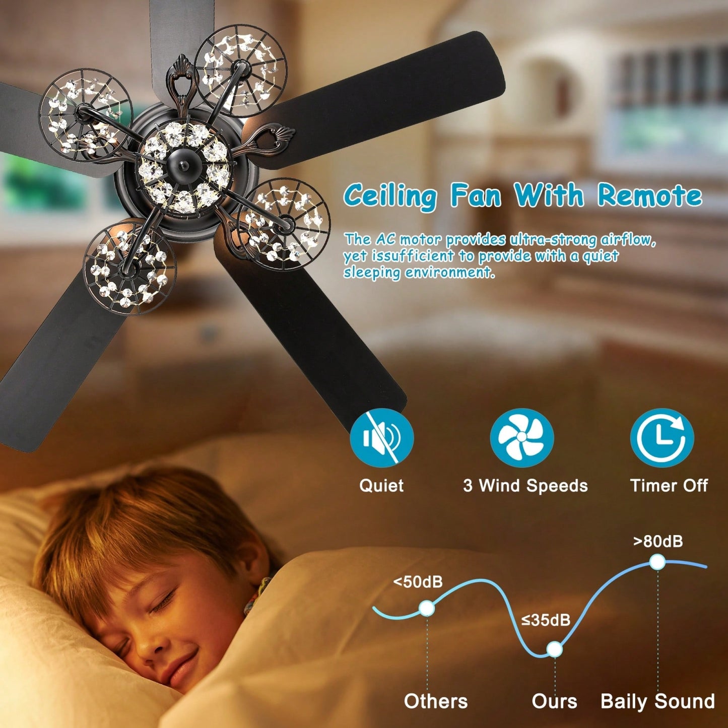 52 Inch Modern Crystal Chandelier Ceiling Fan With Remote Control And Dual Finish Reversible Blades For Living Room, Matte Black