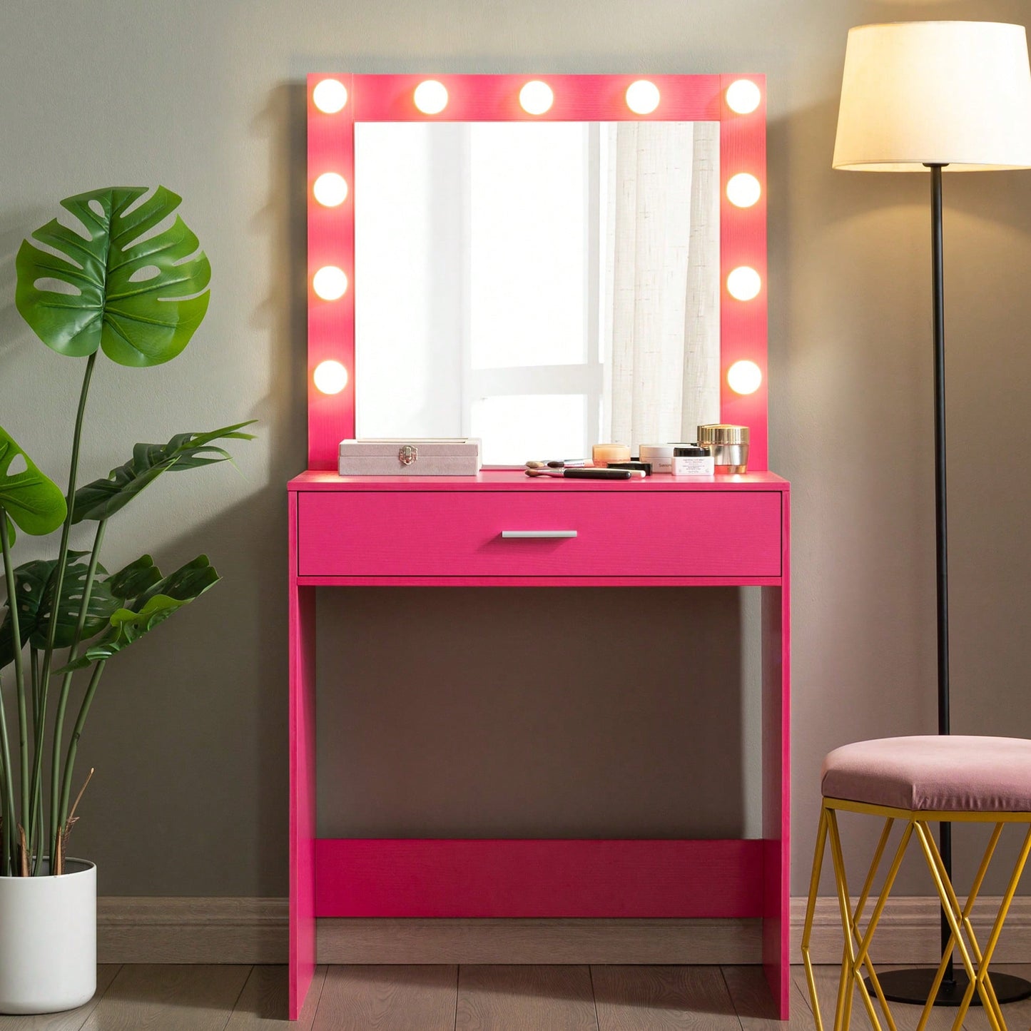 Elegant Vanity Desk With Adjustable Brightness Mirror And Lights, Spacious Dressing Table With Large Drawer And Multi-Level Storage