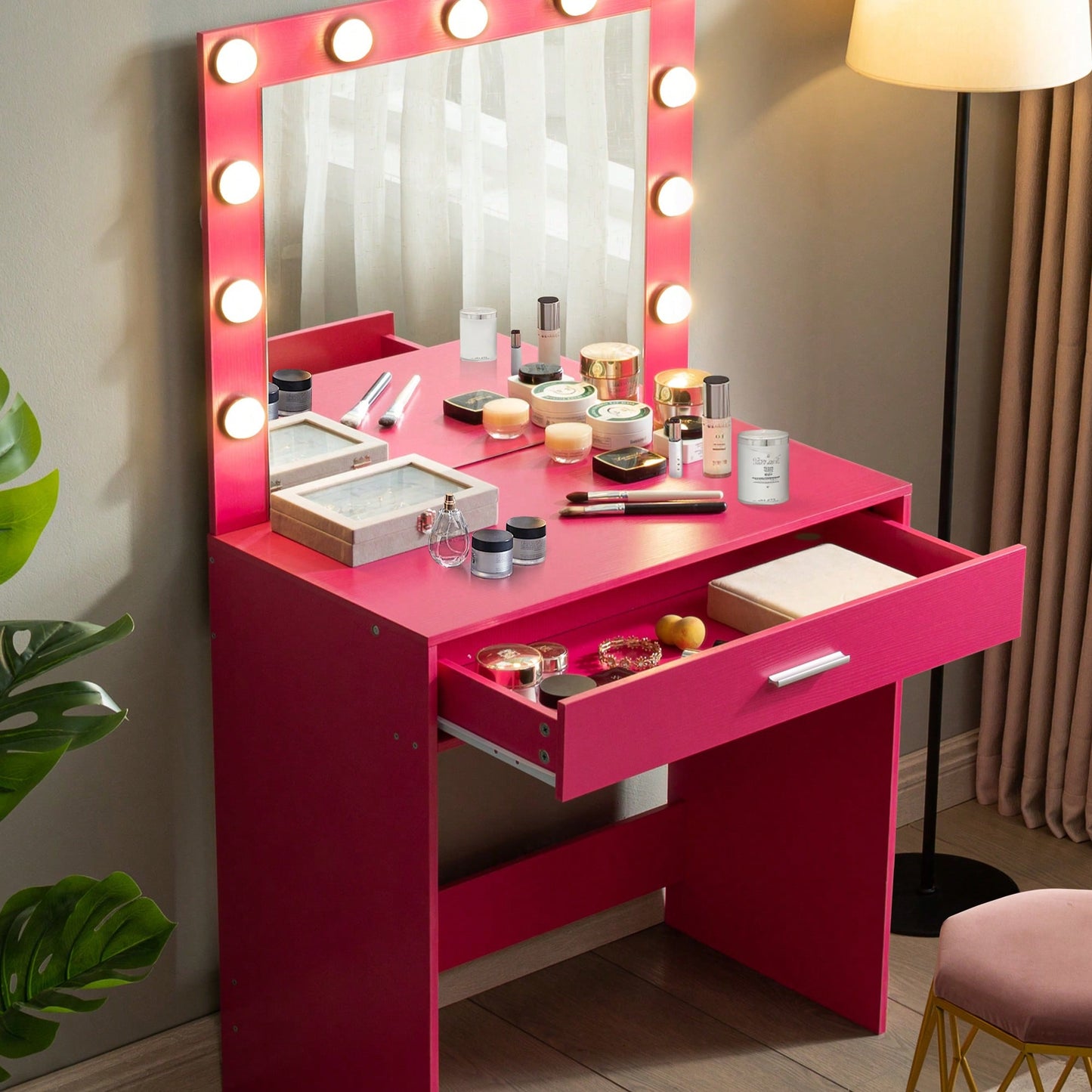 Elegant Vanity Desk With Adjustable Brightness Mirror And Lights, Spacious Dressing Table With Large Drawer And Multi-Level Storage