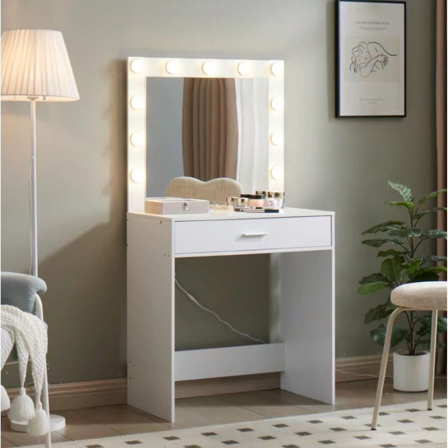 Elegant Vanity Desk With Adjustable Brightness Mirror And Lights, Spacious Dressing Table With Large Drawer And Multi-Level Storage