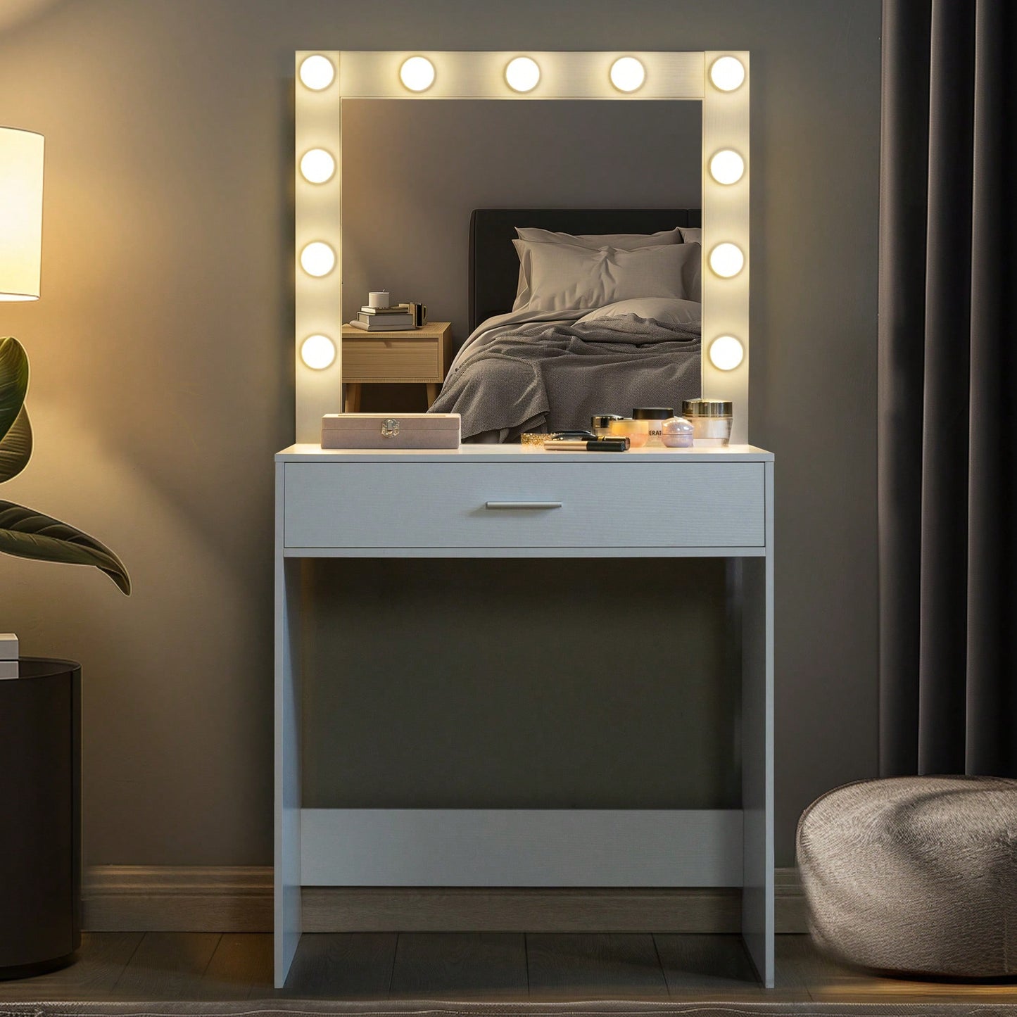 Elegant Vanity Desk With Adjustable Brightness Mirror And Lights, Spacious Dressing Table With Large Drawer And Multi-Level Storage